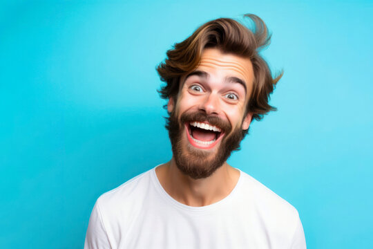 cheerful and funny happy man in vivid shine blue background. ai generative