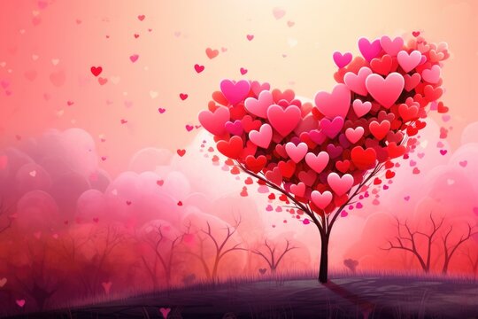 A heart-shaped tree, leaves made of red hearts. concept for Valentines Day.