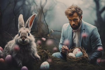 A man in a pastel blue suit is sitting next to a large rabbit, with a basket of decorated Easter eggs in a mystical forest setting.