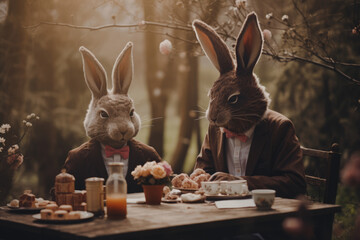 Two rabbits in suits and bow ties drink tea at a wooden table in a flowering garden. - obrazy, fototapety, plakaty