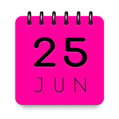 25 day of the month. June. Pink calendar daily icon. Black letters. Date day week Sunday, Monday, Tuesday, Wednesday, Thursday, Friday, Saturday. Cut paper. White background. Vector illustration.