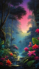 Sunset in the jungle, Neon Jungle beautiful landscape