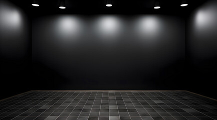 Dark room with black walls and floor, illuminated by focused ceiling lights.