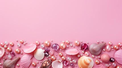 background of beads, shells and stones on pink.