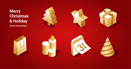 Merry Christmas Happy New Year Holiday Isometric Icon for banner background design. gold elements with gradient. Creative Vector illustration