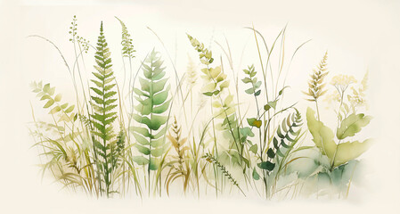 Watercolor brush art of grasses and flowers in green and beige style, highly detailed environments, naturalistic depictions of flora, gentle romantic scenes, outdoor art.