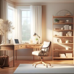 Fototapeta na wymiar A peaceful home office with a desk, a chair, and a bookshelf