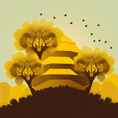 Busy Bees: Vector Illustration of a Beehive on a Hill