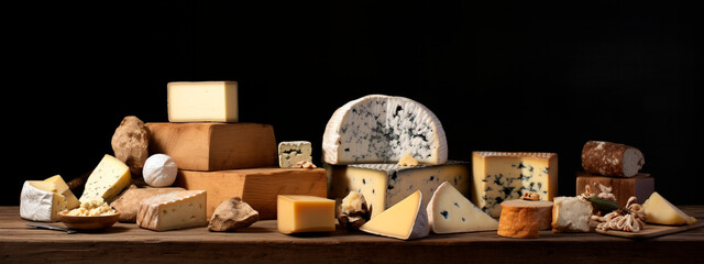 Various cheeses on a black background. Generative AI, - obrazy, fototapety, plakaty