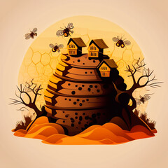 Beehive Bliss: Vector Scene with Three Bees on Hill