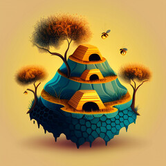Hillside Buzz: Vector Beehive and Three Bees Illustration