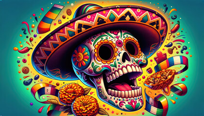 Cartoon Mexican Candy Skull with Grito Expression in Cowboy Style - Festive and Colorful Cultural Illustration.
