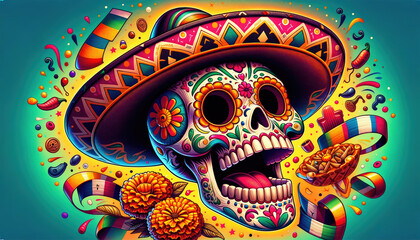 Obraz premium Cartoon Mexican Candy Skull with Grito Expression in Cowboy Style - Festive and Colorful Cultural Illustration.