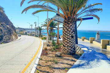 Federal Highway 11 with car and Los Delfines viewpoint with bay, port, sea against blue sky in background, palm trees and benches, rocky slope, sunny day in La Paz, Baja California Sur Mexico