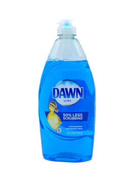 Ocala, Florida USA - 11 02 2023 Dawn dish detergent blue powerwash with cute adorable yellow duck duckling on front to show it is animal friendly and safe for environment. Isolated on white background