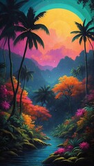 High Quality Tropical Sunset with Trees, generative AI