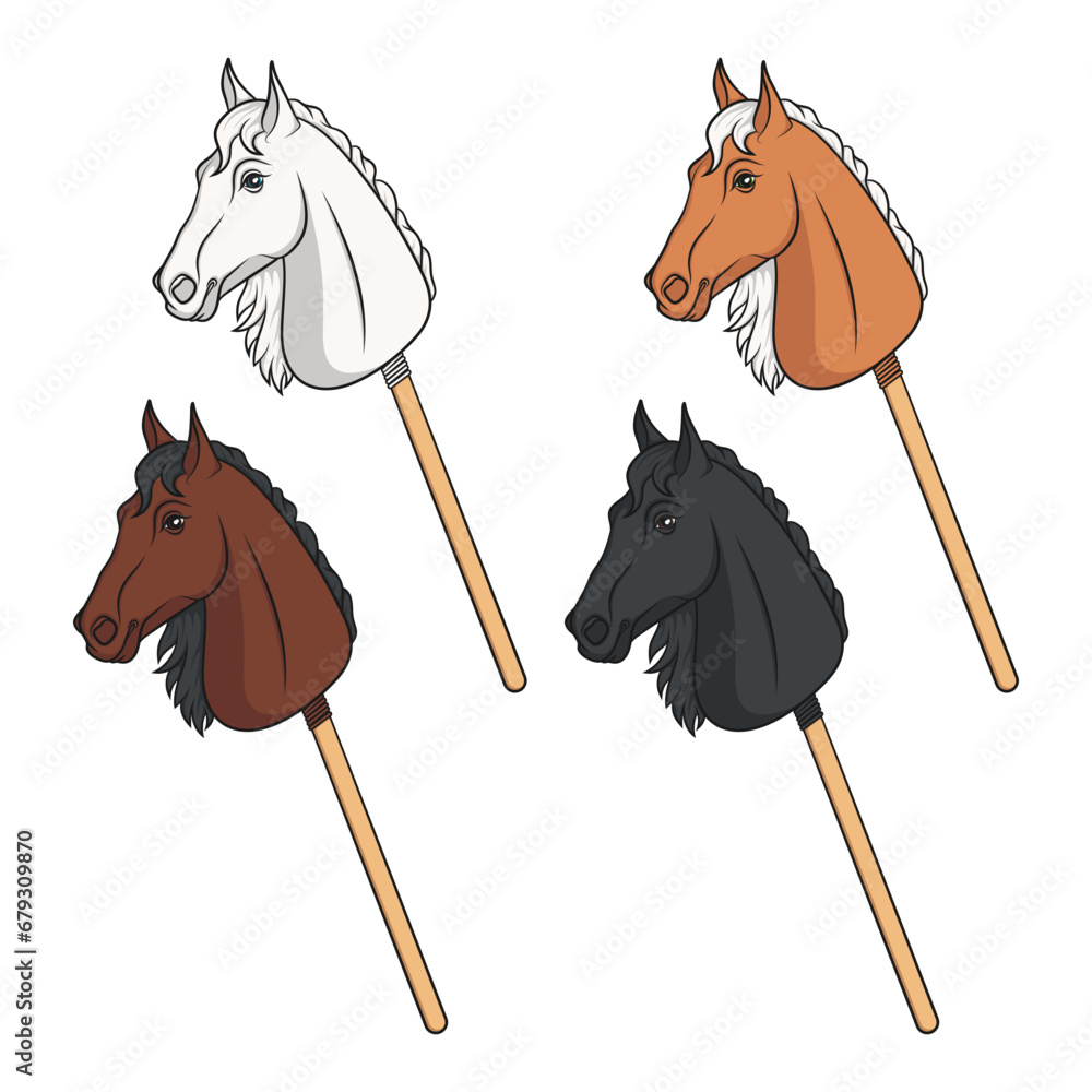 Poster set of color illustrations with hobby horse toy on stick. isolated vector objects on white backgroun