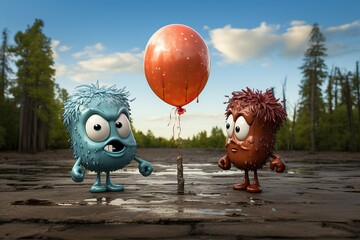 Two whimsical creatures gaze at a floating balloon, their expressions a mix of wonder and delight