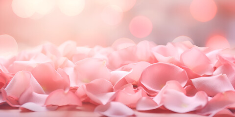 Pink rose petals with and dreamy defocus background, Beautiful floral background from pink peonies with sunlight. Tender flowers petals close up. Natural flower backdrop. generative AI

