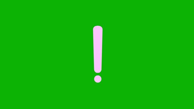 Animated pink symbol of exclamation mark. Radiance from rays around symbol. Concept of warning, attention, information. Looped video. Vector illustration isolated on a green background.