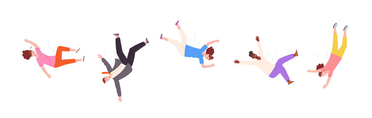Fototapeta premium People fly down. Falling woman and man, human smashing fail drowning person in life difficulties, fall flauers slipping injury accident hovering girl