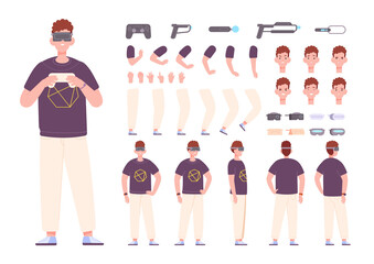 Vr character animation. Man in headset virtual augmented reality body gestures construction, electronic glasses interactive controller 3d joystick 360