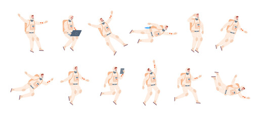 Floating astronaut. Spaceman people in space suit for galaxy travel, moving man and woman work navy cosmonaut, jetpack jump outer gravity