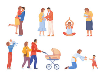 Parents childbirth. Parent cuddling babies, mom hug new baby, pregnancy and maternity, couple with children stroller, smiling mother happy young family, swanky png illustration