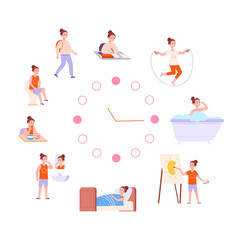 Girl daily schedule. Kid girls activities scheduled routine, cartoon child morning times preschool programm, wash care hygiene eating bath toilet, day clock png illustration