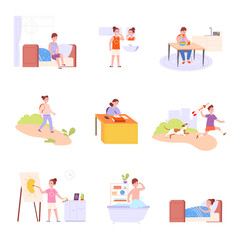 Kids everyday activities. Daily child actions cartoon collection, day time children schedule, study school exercise sleep night bathroom hygiene active playing, png illustration