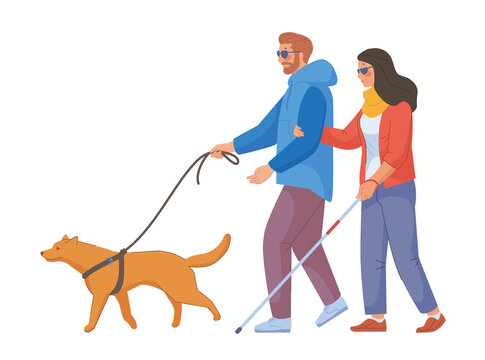 Guide Dog. Blind girl with helper animal guides assistance, blinds woman and man poor sight in eyesight glasses, handicap person service vision diseases, swanky png illustration