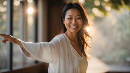 Happy smiling middle aged woman in calm environment, doing stretching, yoga or tai chi exercises, physical and mental health concept, wellness indoors, space for text
