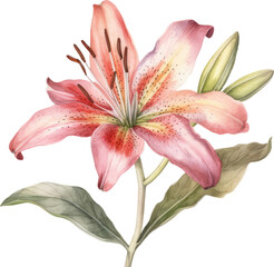 Oriental lilies. Pink lily flowers and buds. Hand drawn watercolor bouquet. Artistic illustration on a white background