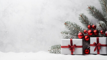 Fototapeta na wymiar Christmas greeting card. Festive decoration on snow. New Year concept. Copy space. 