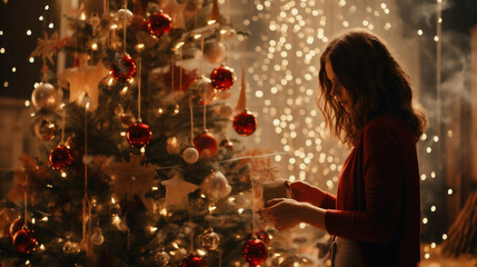Obraz na płótnie Canvas Young woman opening Christmas gift box in front of Christmas tree at home