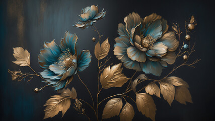 Generative AI, Close up of blooming flowerbeds of amazing blue flowers on dark moody floral textured background. Photorealistic effect.	

