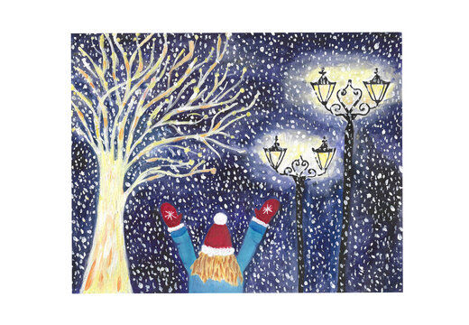 Winter illustration of a girl walking under the snowflakes at night Hand painted watercolor Christmas 2025 landscape for banner or wallpaper Design for New Year's postcards Street lights and lanterns
