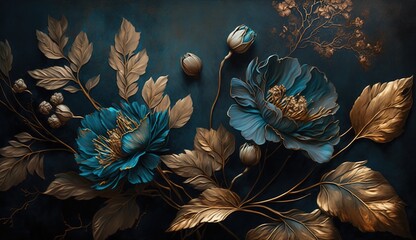 Generative AI, Close up of blooming flowerbeds of amazing blue flowers on dark moody floral textured background. Photorealistic effect.	
