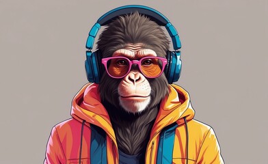 Illustration of Fantasy character with monkey head in Stylish glasses and headphones wearing Neon Jacket listening to music against color background. Ai Generative Art - obrazy, fototapety, plakaty