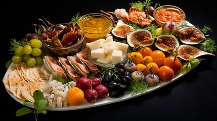 Naklejka na ściany i meble A beautifully arranged platter of delicious appetizers for a New Year's celebration.