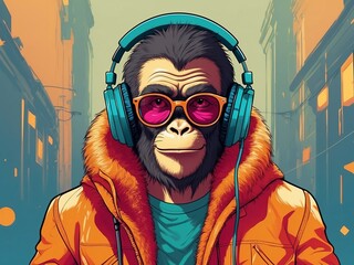 Illustration of Fantasy character with monkey head in Stylish glasses and headphones wearing Neon Jacket listening to music against color background. Ai Generative Art - obrazy, fototapety, plakaty