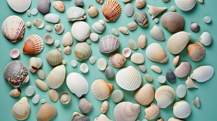 shells and stones on a mint background.