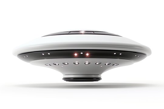 UFO , flying saucer, spacecraft made of silver metal isolated on white background. AI Generative