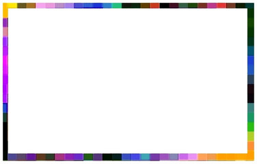 Frame with a palette of colors of powders and crayons with white card
