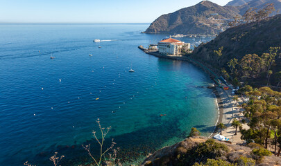 View of the bay and beach of the town of Avalon on Catalina Island, California