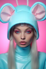 Close-up of a young woman sporting a pastel blue mouse hat with a glossy, futurist look