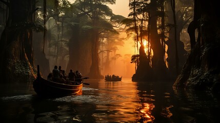 Amazon Rainforest Canoe Adventure. Sunrise on a Misty River in the Jungle - obrazy, fototapety, plakaty