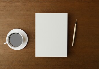 3D Blank paper on dark wooden background for your design. Minimal set up with coffee cup and pen. Elegant 3D rendering, office desk business concept.