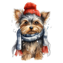 Yorkshire terrier in winter hat and scarf, isolated