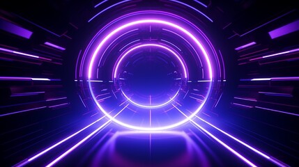 3d render, abstract geometric background with glowing neon round shape. Violet laser ring inside the dark tunnel. Futuristic wallpaper